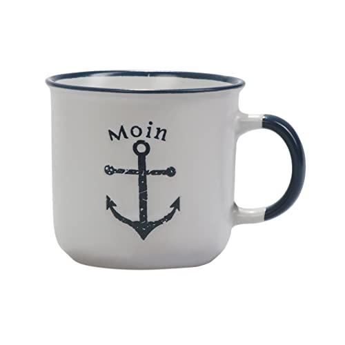 Seaside No.64 - Steingut Becher Tasse - Geschirr Küchenzubehör - Maritimes Design - Anker Steuerrad Papierboot - blau und weiß - Geschenkartikel - Füllmenge 400ml (Becher Anker, weiß) von Seaside No.64