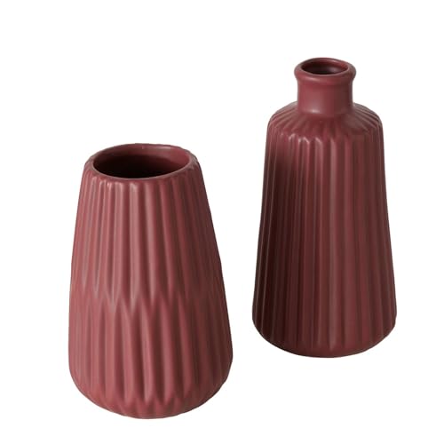 Seaside No.64 - Vase aus Steingut geriffelt Mattes Design dunkelrot - 2er Set - Dekoration im Scandi Style für Gräser und Blümchen - Tischdeko Hochzeit skandinavisch Wohnaccessoire von Seaside No.64