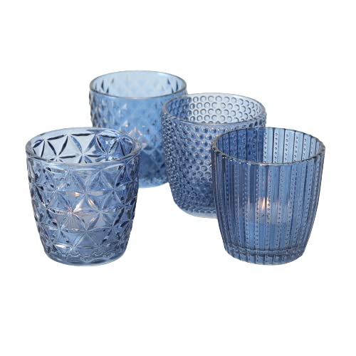 Seaside No.64 - Windlicht-Set 4 teilig aus Glas 7,5 x 7,5cm - Teelichthalter für Romantisches Ambiente - Kerzenständer mit verschiedenen Designs - Retro Kristall Ornamente - (Blau, Set) von Seaside No.64