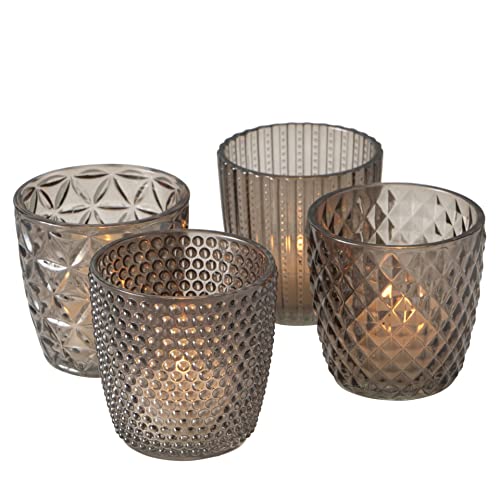 Seaside No.64 - Windlicht-Set 4 teilig aus Glas 7,5 x 7,5cm - Teelichthalter für Romantisches Ambiente - Kerzenständer mit verschiedenen Designs - Retro Kristall Ornamente - (Graubraun, Set) von Seaside No.64