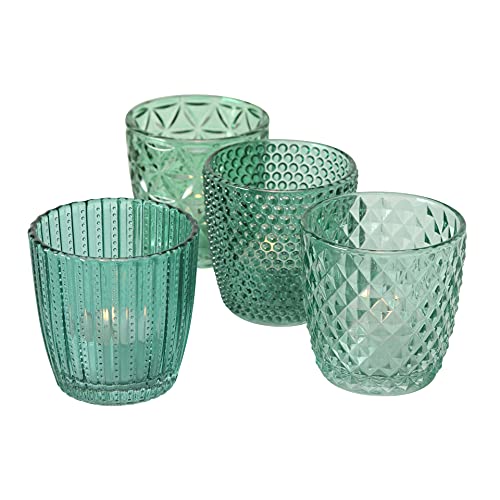 Seaside No.64 - Windlicht-Set 4 teilig aus Glas 7,5 x 7,5cm - Teelichthalter für Romantisches Ambiente - Kerzenständer mit verschiedenen Designs - Retro Kristall Ornamente - (Petrol, Set) von Seaside No.64