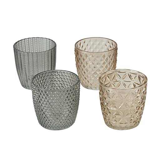 Seaside No.64 - Windlicht-Set 4 teilig aus Glas 7,5 x 7,5cm - Teelichthalter für Romantisches Ambiente - Kerzenständer mit verschiedenen Designs - Retro Kristall Ornamente - (beige/grau, Set) von Seaside No.64