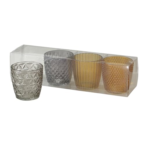 Seaside No.64 - Windlicht-Set 4 teilig aus Glas 7,5 x 7,5cm - Teelichthalter für Romantisches Ambiente - Kerzenständer mit verschiedenen Designs - Retro Kristall Ornamente - (grau/gelb Mix, Set) von Seaside No.64