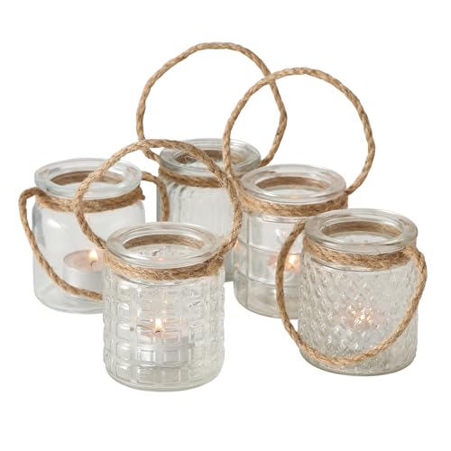 Seaside No.64 - Windlicht-Set 5 teilig aus Glas mit Kordel zum Aufhängen - Teelichthalter in verschiedenen Designs für Romantisches Ambiente - Kerzenständer Retro Kristall Ornamente - (klar/transp.) von Seaside No.64
