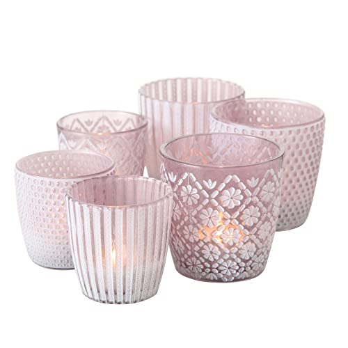 Seaside No.64 - Windlicht-Set 6 teilig aus Glas 7-9cm - Teelichthalter für Romantisches Ambiente - Kerzenständer mit 3 Designs in je 2 Größen - Retro Kristall Ornamente - (Flieder, Set) von Seaside No.64