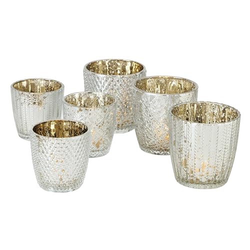 Seaside No.64 - Windlicht-Set 6 teilig aus Glas 7-9cm - Teelichthalter für Romantisches Ambiente - Kerzenständer mit 3 Designs in je 2 Größen - Retro Kristall Ornamente - (antiksilber, Gold, Set) von Seaside No.64