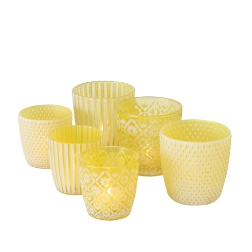 Seaside No.64 - Windlicht-Set 6 teilig aus Glas 7-9cm - Teelichthalter für Romantisches Ambiente - Kerzenständer mit 3 Designs in je 2 Größen - Retro Kristall Ornamente - (gelb, Set) von Seaside No.64