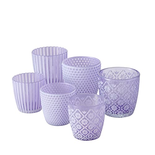 Seaside No.64 - Windlicht-Set 6 teilig aus Glas 7-9cm - Teelichthalter für Romantisches Ambiente - Kerzenständer mit 3 Designs in je 2 Größen - Retro Kristall Ornamente - (lila, Set) von Seaside No.64