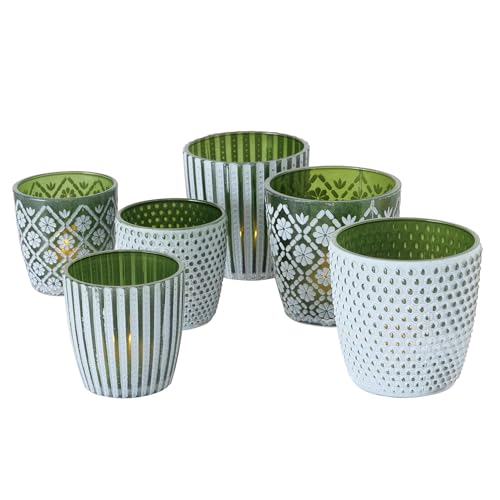 Seaside No.64 - Windlicht-Set 6 teilig aus Glas 7-9cm - Teelichthalter für Romantisches Ambiente - Kerzenständer mit 3 Designs in je 2 Größen - Retro Kristall Ornamente - (olivgrün, Set) von Seaside No.64