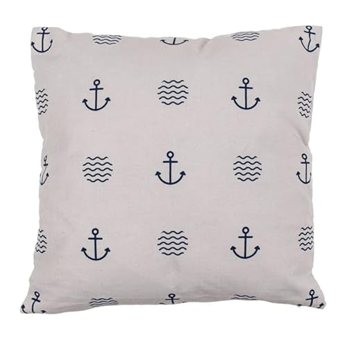 Seaside No.64 - Maritimes Kissen mit Ankern und Wellen für Couch, Bett, Boot, Terrasse - Creme/weiß mit blauen Symbolen - in der Größe 40cm x 40cm - mit Reißverschluss - waschbar bei 30° von Seaside No.64