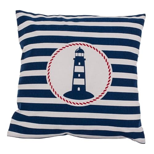 Seaside No.64 - Maritimes Kissen mit Leuchtturm für Couch, Bett, Boot, Terrasse - blau und weiß/creme gestreift - in der Größe 40cm x 40cm - mit Reißverschluss - waschbar bei 30° von Seaside No.64