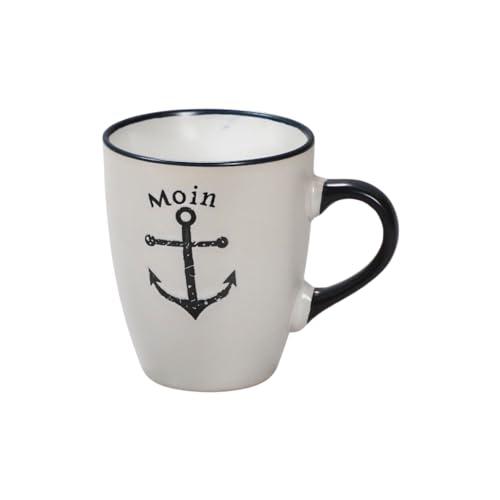 Seaside No.64 - maritimes Steingutgeschirr - Motive Anker, Steuerrad & Papierboot - Steinzeugkeramik weiß & blau - Geschirrset Küchenzubehör - Geschenkartikel (weiß, Tasse, Anker) von Seaside No.64