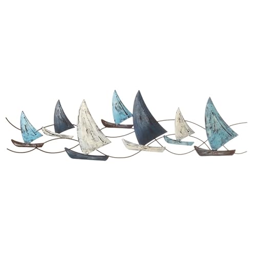 Seaside No.64 - maritimes Wandobjekt in Form von Segelbooten - 7 Kutter/Galeeren in creme, grau und blau aus Metall - Zeitlose Wohndekoration zum Aufhängen in allen Räumen (Segelboote blau groß) von Seaside No.64