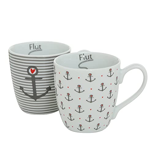 Seaside64 Tasse/Becher-2er Set maritim Anker Herzen - Ebbe und Flut Kaffeetasse Teetasse - 330ml Ankerliebe - Kaffeepott Kaffeebecher weiß grau - Porzellan -Set mit 2 Bechern von Seaside No.64