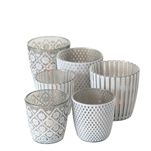 Seaside No.64 - Windlicht-Set 6 teilig aus Glas 7-9cm - Teelichthalter für Romantisches Ambiente - Kerzenständer mit 3 Designs in je 2 Größen - Retro Kristall Ornamente - (grau, Set) von Seaside No.64