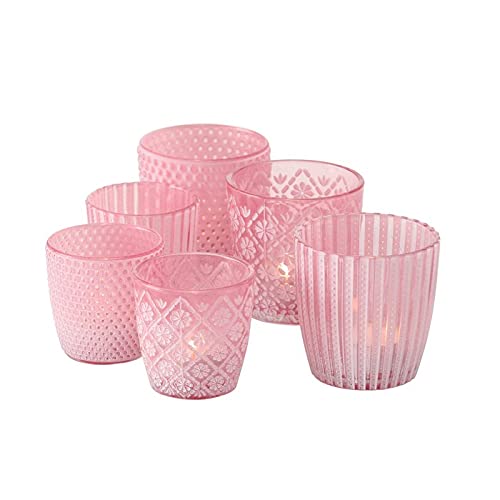 Seaside No.64 - Windlicht-Set 6 teilig aus Glas 7-9cm - Teelichthalter für Romantisches Ambiente - Kerzenständer mit 3 Designs in je 2 Größen - Retro Kristall Ornamente - (pink, Set) von Seaside No.64