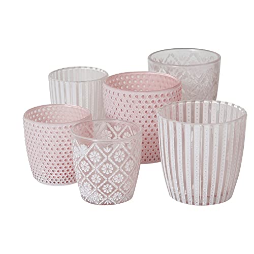 Seaside No.64 - Windlicht-Set 6 teilig aus Glas 7-9cm - Teelichthalter für Romantisches Ambiente - Kerzenständer mit 3 Designs in je 2 Größen - Retro Kristall Ornamente - (rosa, Set) von Seaside No.64