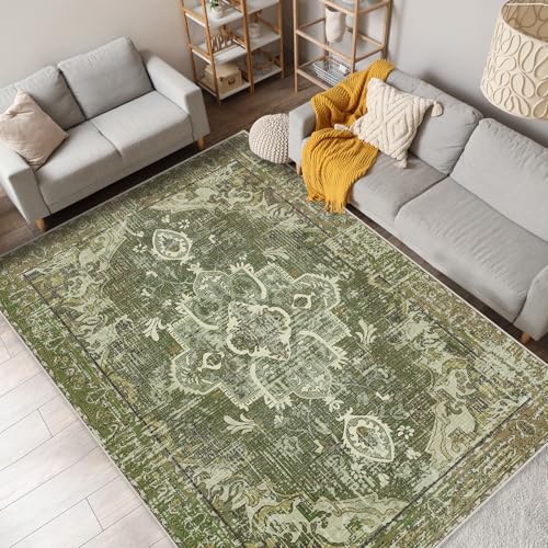 Season wind Waschbarer Boho-Teppich im Vintage-Stil, 12,7 x 17,8 cm, traditionell, olivgrün, großer Teppich für Wohnzimmer, Schlafzimmer, Esszimmer, Bauernhaus, rutschfest Season wind Waschbarer Boho-Teppich im Vintage-Stil, 12,7 x 17,8 cm, traditionell, olivgrün, großer Teppich für Wohnzimmer, Schlafzimmer, Esszimmer, Bauernhaus, rutschfest von Season wind