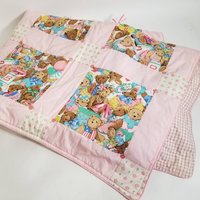 Teddybär Baby Quilt Decke Zwilling Handarbeit 86 Zoll X 58 Pink Braun Gingham Button von Seasoningoflife