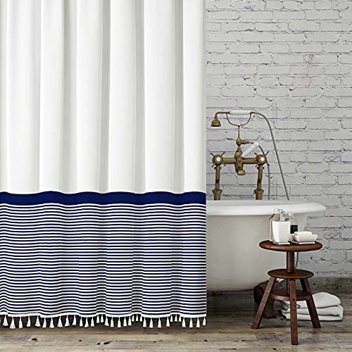 Navy Blue Striped Shower Curtain with Tassel for Bathroom Decor,Nordic Chic Polyester Bath Curtain Set with Hooks, 72 x 72 cm von Seasonwood