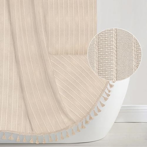 Seasonwood 190 cm langer beigefarbener Boho-Duschvorhang Stoff Duschvorhang mit Quaste, 183 x 198 cm, vertikal gestreift, strukturiert, neutrale Duschvorhänge für Badezimmer, knitterfrei, Beige/Creme von Seasonwood