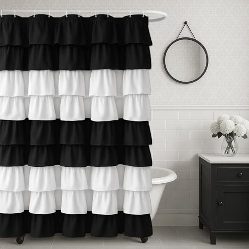 Seasonwood Duschvorhang mit Rüschen, Landhausstil, Vintage, handgefertigt, rustikal, dekorativer Stoff, Duschvorhang, mädchenhaft, moderner Badezimmervorhang, 182,9 x 182,9 cm, Schwarz und Weiß Seasonwood Duschvorhang mit Rüschen, Landhausstil, Vintage, handgefertigt, rustikal, dekorativer Stoff, Duschvorhang, mädchenhaft, moderner Badezimmervorhang, 182,9 x 182,9 cm, Schwarz und Weiß von Seasonwood
