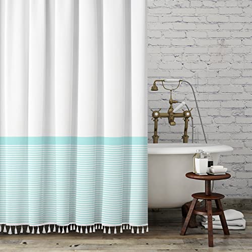 Weißer Duschvorhang, Aqua gestreift mit Quasten, Sommer, Ozean, Strand, Ombré-Badezimmer, Duschvorhang-Set mit Ringen, Meeresminzgrün, Spa-Blau, 183 x 183 cm von Seasonwood