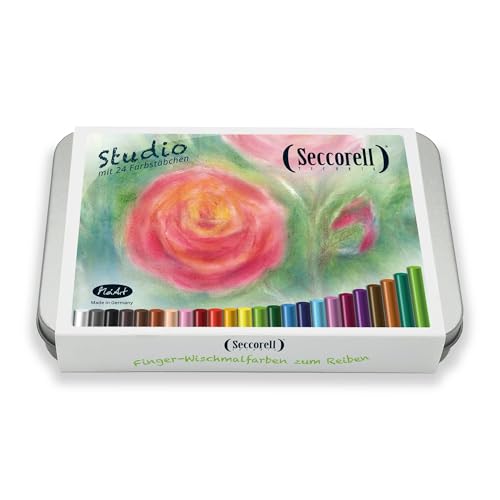 Seccorell - Großbox Metall - 24 Farbstäbchen, zwei Reibeblöcke, zwei Reinigungsbürsten (Natur- und Messing), Radierminenhalter inkl. Mine. Finger-Wischmalfarben, aquarellartig ohne Wasser oder Fixativ von Seccorell