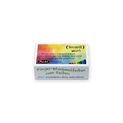 Seccorell - Mini - 8 kleine Farbstäbchen (Grundfarben), Reinigungsbürste (Naturborsten), Radierstäbchen. Finger-Wischmalfarben, aquarellartig ohne Wasser oder Fixativ von Seccorell