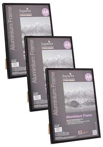 Seco A4-Bilderrahmen aus gebürstetem Aluminium mit Plexiglas-Sicherheitsglas, magnetisch, perfekt für zu Hause/Büro, 18 mm Rahmenkante, schwarz (Packung mit 3) von SECO