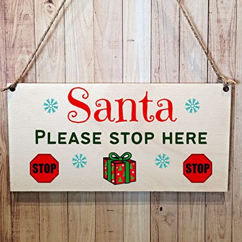 Second Ave Santa Please Stop Here Holzschild zum Aufhängen, rechteckig, Weihnachtsdekoration, Schild von Second Ave Gift Company