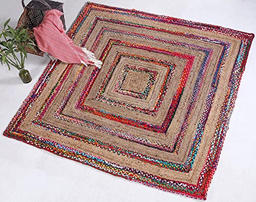 Fiesta umweltfreundlicher großer quadratischer geflochtener dicker gestreifter Teppich aus natürlicher Jute und mehrfarbigem recyceltem Material, 180 cm x 180 cm von Second Nature Online