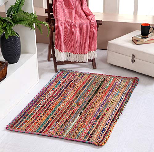 Mishran umweltfreundlicher kleiner geflochtener Teppich, Flachgewebe, mit natürlicher Jute, mehrfarbig, recyceltes Material, 60 cm x 90 cm von Second Nature Online