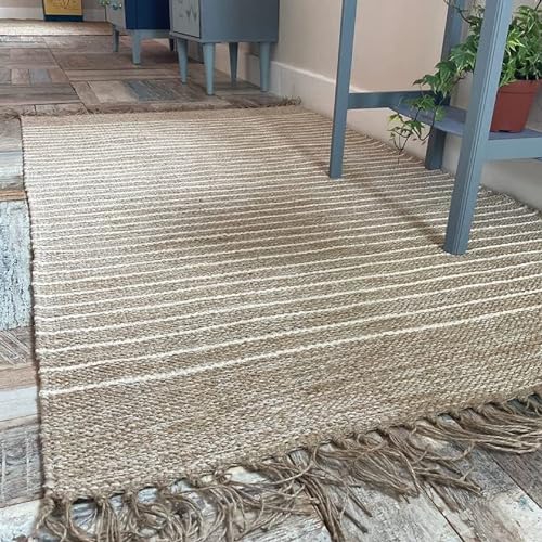 Second Nature Online Bekal-Teppich, sandbeige mit cremefarbenem Nadelstreifen, gewebt mit Baumwoll-Jute-Garn 90 x 150 cm beige von Second Nature Online