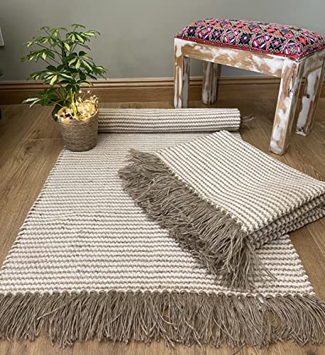 Second Nature Online Colva Dünner Teppich Hell Zweifarbig Naturhafermehl Beige Streifen aus Baumwolle Jutegarn flach gewebt - 120cm x 180cm von Second Nature Online