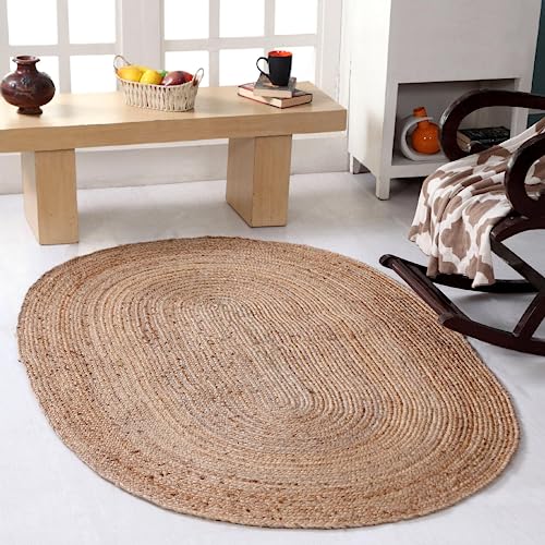 Second Nature Online Dhaka Oval geflochtener Teppich, handgewebt mit indischer Naturjute - 90 cm x 150 cm von Second Nature Online