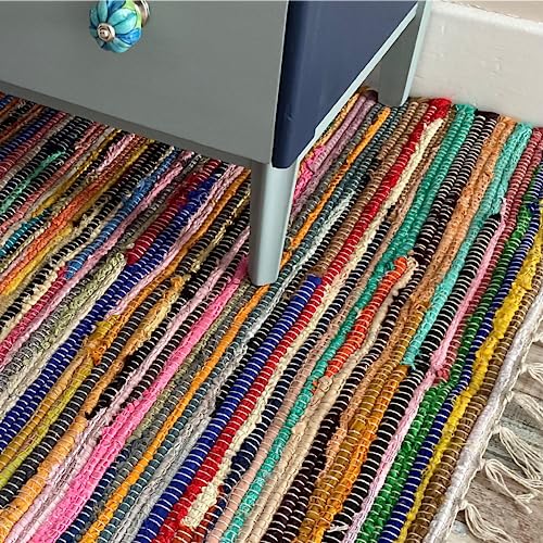 Second Nature Online Rag Rug Multi Colour Fair Trade Shabby Chic Chindi Flat Weave Reversible Indian Hand Loomed Small Medium Large Runner Square Area Mat Festival Camping Glamping Bell Tent von Second Nature Online