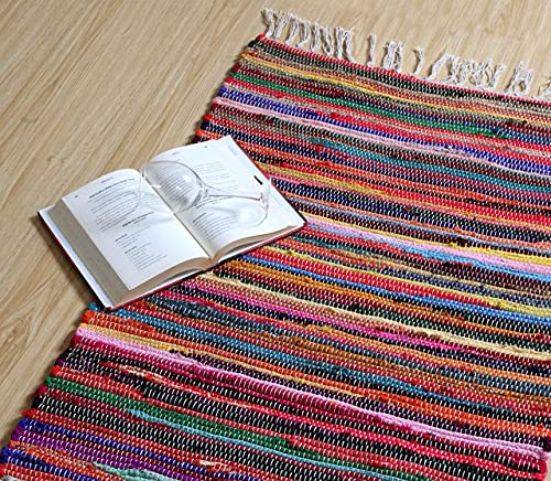 Second Nature Online Rag Rug Multi Colour Fair Trade Shabby Chic Chindi Flat Weave Reversible Indian Hand Loomed Small Medium Large Runner Square Area Mat Festival Camping Glamping Bell Tent von Second Nature Online