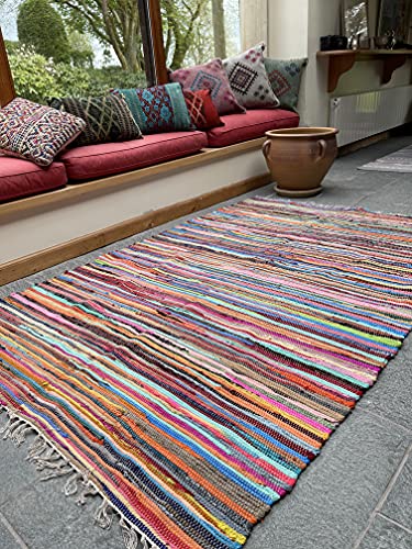 Second Nature Online Rag Rug Multi Colour Fair Trade Shabby Chic Chindi Flat Weave Reversible Indian Hand Loomed Small Medium Large Runner Square Area Mat Festival Camping Glamping Bell Tent von Second Nature Online