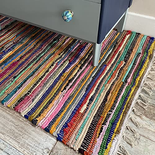 Second Nature Online Rag Rug Multi Colour Fair Trade Shabby Chic Chindi Flat Weave Reversible Indian Hand Loomed Small Medium Large Runner Square Area Mat Festival Camping Glamping Bell Tent von Second Nature Online
