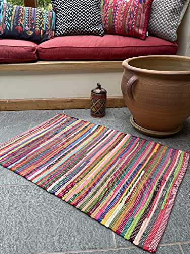 Second Nature Online Rainbow umweltfreundlicher Chindi-Rag Teppich handgeknüpft in Flacher Webart mit mehrfarbigen Streifen aus recyceltem Stoff - 60 cm x 90 cm von Second Nature Online
