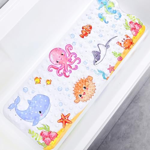 Secopad Baby Badewannenmatte für Badewanne, 100x40 cm rutschfeste Cartoon Badewannen Duschmatte für Kinder, Anti-Rutsch Badewannenmatte mit Saugnäpfen, Maschinenwaschbar (Rechter Abfluss) von Secopad