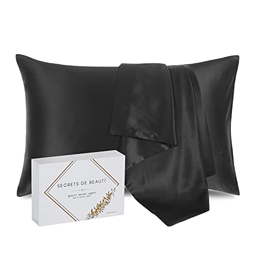 Seidenkissenbezug für Haar und Haut 22 Momme Mulberry Anti-Falten, Anti-Aging Hochwertige Qualität Keine Chemikalien - Geschenkidee (65x65cm - Schwarz) von Secrets de beauté