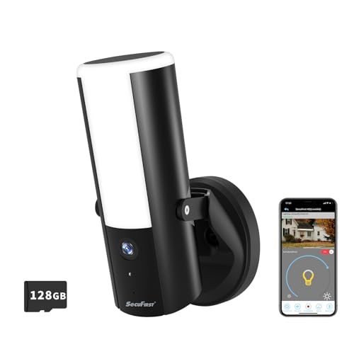 SecuFirst WLAN Flutlichtkamera,Überwachungskamera mit Außenleuchte,2K QHD Outdoor Kamera Überwachung-Aussenlampe mit Bewegungsmelder,Sirene.Dimmbare Helligkeit (900lm),128GB Speicher von SecuFirst