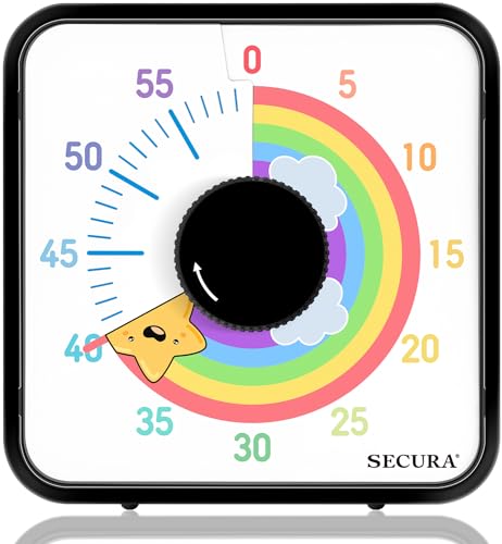 Secura 19,1 cm großer visueller Regenbogen-Timer, 60 Minuten visueller Countdown-Timer für Kinder und Erwachsene, langlebiges mechanisches Zeitmanagement-Werkzeug (Schwarz & Stern) von Secura
