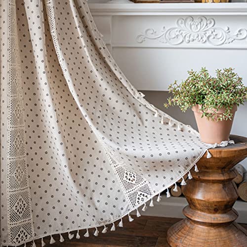 Boho Vorhänge Beige Baumwolle Leinen Gardinen Landhausstil Stickerei Halbtransparente Leinenoptik Blumen Gardinen mit Quaste Verdunkelungvorhang für Wohnzimmer Schlafzimmer,1 Stück,(B) 150x200cm(H) von Sedefen