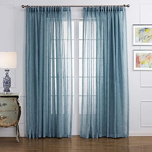 Sedefen 2er Set Sheer Voile Vorhänge Blau Transparent Kräuselband Leinenoptik Vorhang Kurz Gardinen Schals für Wohnzimmer Schlafzimmer Kinderzimmer 107x214cm (B x H) von Sedefen