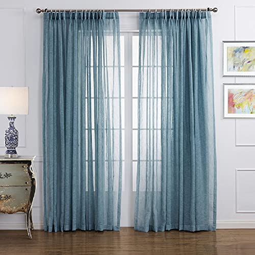 Sedefen 2er Set Sheer Voile Vorhänge Blau Transparent Kräuselband Leinenoptik Vorhang Kurz Gardinen Schals für Wohnzimmer Schlafzimmer Kinderzimmer 107x244cm (B x H) von Sedefen