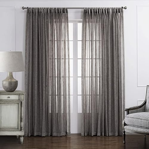 Sedefen 2er Set Sheer Voile Vorhänge Braun Transparent Kräuselband Leinenoptik Vorhang Kurz Gardinen Schals für Wohnzimmer Schlafzimmer Kinderzimmer 132x160cm (B x H) von Sedefen