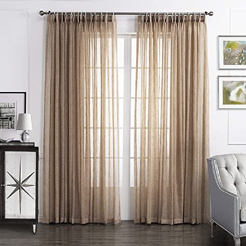 Sedefen 2er Set Sheer Voile Vorhänge Taupe Beige Transparent Kräuselband Leinenoptik Vorhang Kurz Gardinen Schals für Wohnzimmer Schlafzimmer Kinderzimmer 107x244cm (B x H) von Sedefen